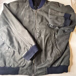 Men's Vintage Black Leather Jacket with Navy Cuffs/Collar 56?